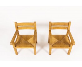 Armchairs in light oak and straw seat 1950 set of 2