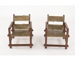 Fauteuils en acajou et cuir tendu kaki montage clavette 1950 set de 2