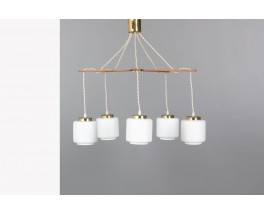 Suspension 5 feux en teck et opaline 1950