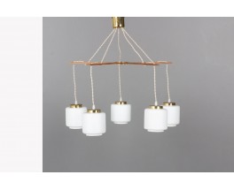 Suspension 5 feux en teck et opaline 1950