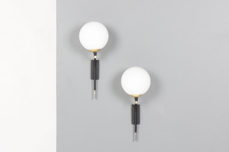 Wall lights in black metal and opaline glass edition Arlus 1950 set of 2