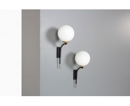 Wall lights in black metal and opaline glass edition Arlus 1950 set of 2