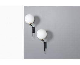 Wall lights in black metal and opaline glass edition Arlus 1950 set of 2