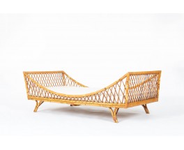 Daybed in rattan and beige fabric 1950