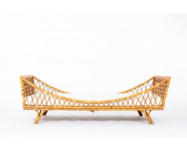 Daybed in rattan and beige fabric 1950