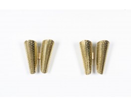 Double wall lights perforated brass 1950 set of 2