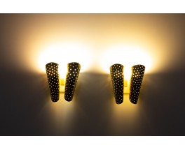 Double wall lights perforated brass 1950 set of 2