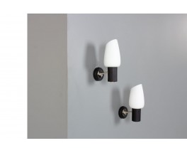 Wall lamps in black, brass and opaline edition Arlus 1950 set of 2