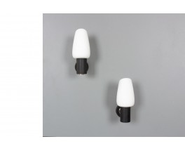 Wall lamps in black, brass and opaline edition Arlus 1950 set of 2