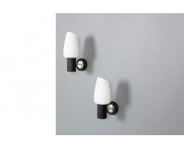 Wall lamps in black, brass and opaline edition Arlus 1950 set of 2