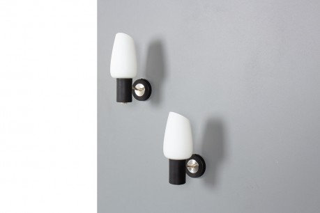 Wall lamps in black, brass and opaline edition Arlus 1950 set of 2