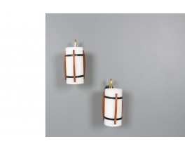 Wall lights in metal, teak, brass and opaline 1950 set of 2