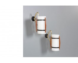 Wall lights in metal, teak, brass and opaline 1950 set of 2