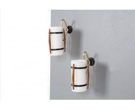 Wall lights in metal, teak, brass and opaline 1950 set of 2