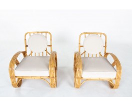 Rattan armchairs and beige velvet fabric cushions 1950 set of 2