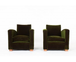 Armchairs in green velvet and oak Art Deco design 1930 set of 2