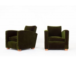 Armchairs in green velvet and oak Art Deco design 1930 set of 2