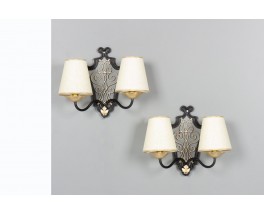 Raymond Subes Metal wall lights with paper lampshades 1930 set of 2