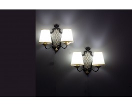 Raymond Subes Metal wall lights with paper lampshades 1930 set of 2