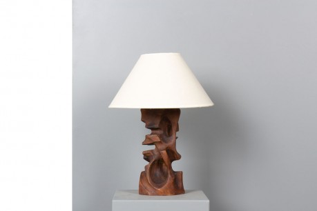 Lampe en bois et abat-jour papier design brutaliste 1950