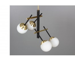 Suspension 4 feux en métal noir, laiton et opaline 1950