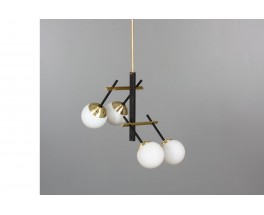 4-light pendant light in black metal, brass and opaline 1950