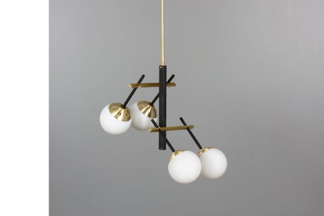 4-light pendant light in black metal, brass and opaline 1950