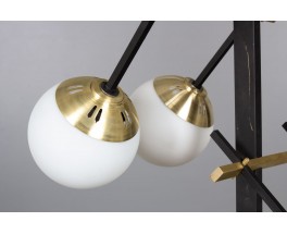 4-light pendant light in black metal, brass and opaline 1950