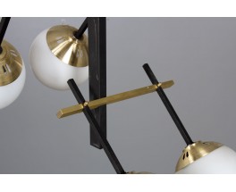 4-light pendant light in black metal, brass and opaline 1950