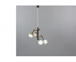 4-light pendant light in black metal, brass and opaline 1950