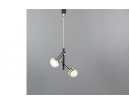 4-light pendant light in black metal, brass and opaline 1950