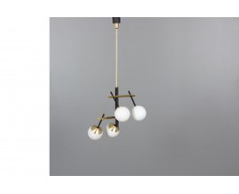 4-light pendant light in black metal, brass and opaline 1950