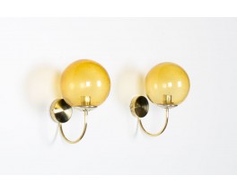 Wall lights in brass and smoked glass edition Parscot 1970 set of 2