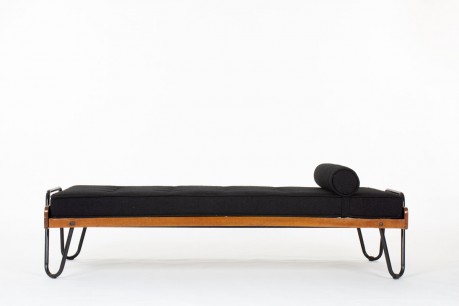 Daybed by Jacques Hitier in oak, metal and fabric 1950