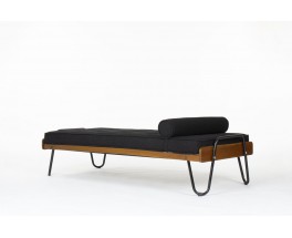 Daybed by Jacques Hitier in oak, metal and fabric 1950