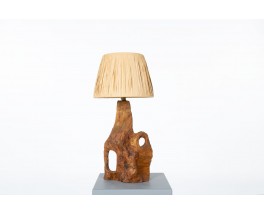 Lampe en olivier et abat-jour en raphia 1950