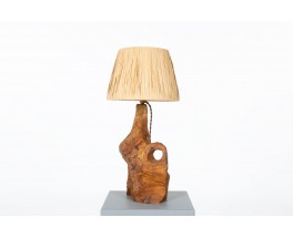 Lampe en olivier et abat-jour en raphia 1950