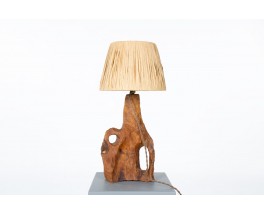 Lampe en olivier et abat-jour en raphia 1950