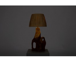 Lampe en olivier et abat-jour en raphia 1950