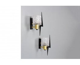 Wall lights in black metal, brass and glass edition Arlus 1950 set of 2