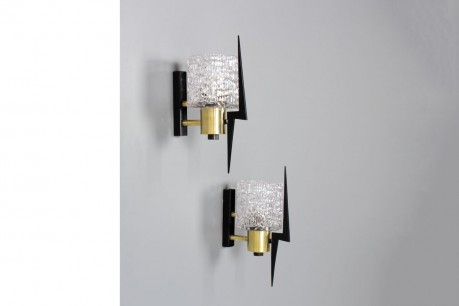 Wall lights in black metal, brass and glass edition Arlus 1950 set of 2