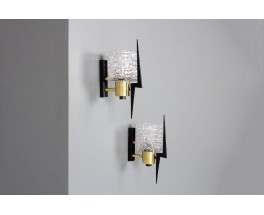 Wall lights in black metal, brass and glass edition Arlus 1950 set of 2