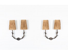 Bronze and raffia wall lights 1960 set of 2