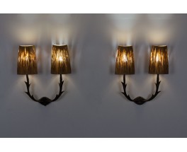 Bronze and raffia wall lights 1960 set of 2